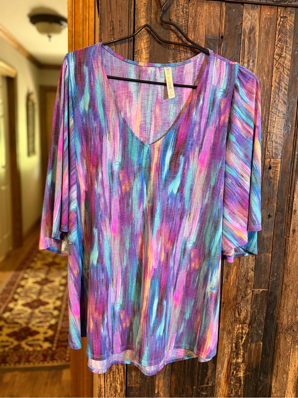 Dear Scarlett Tunic Top L Watercolor Abstract Bell Sleeve Purple Blue Boho